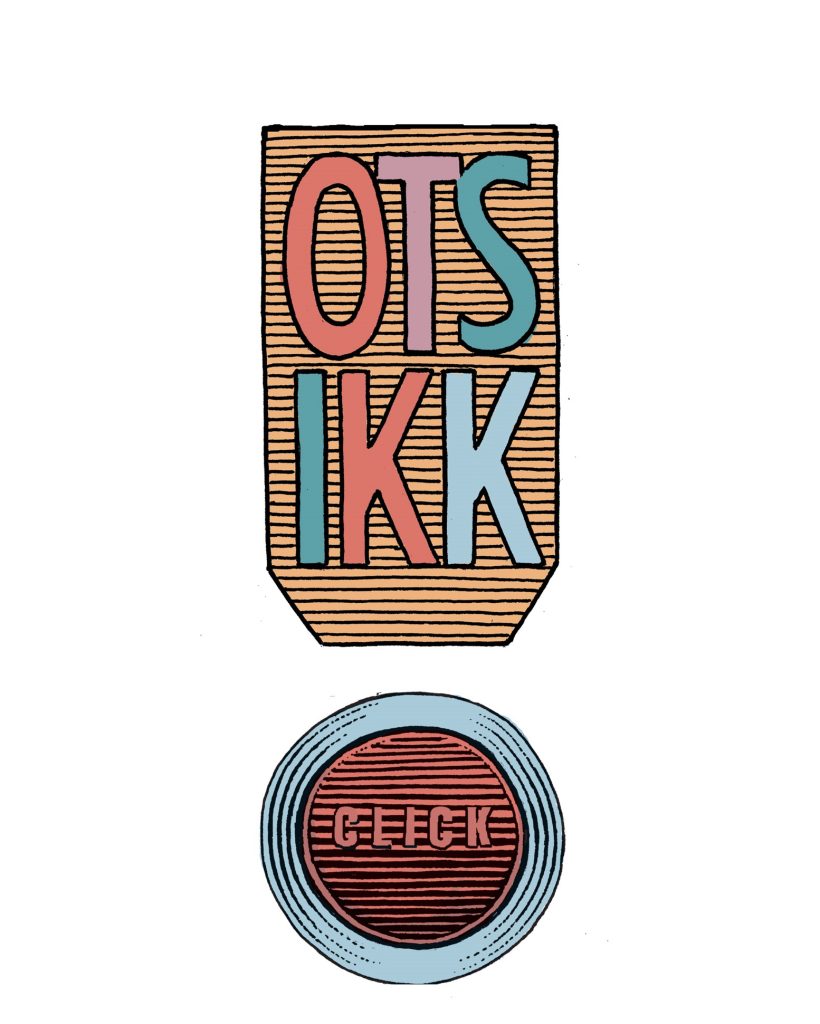 Graafisessa kuvituksessa huutomerkki, jossa yläosan suorakulmioon on sommiteltu alekkain kirjaimet OTS IKK ja sen alla O:na on pyöreä painike, jossa lukee CLICK. 