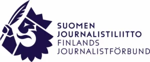 Kuvana Suomen Journalistiliiton leijonanpäälogo, jossa kruunupäinen leijona pitää kädessään sulkakynää. Logon ohessa teksti Suomen Journalistiliitto - Finlands Journalistförbund