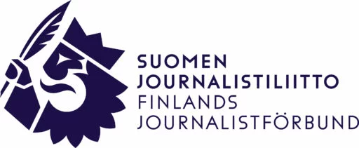 Kuvana Suomen Journalistiliiton leijonanpäälogo, jossa kruunupäinen leijona pitää kädessään sulkakynää. Logon ohessa teksti Suomen Journalistiliitto - Finlands Journalistförbund